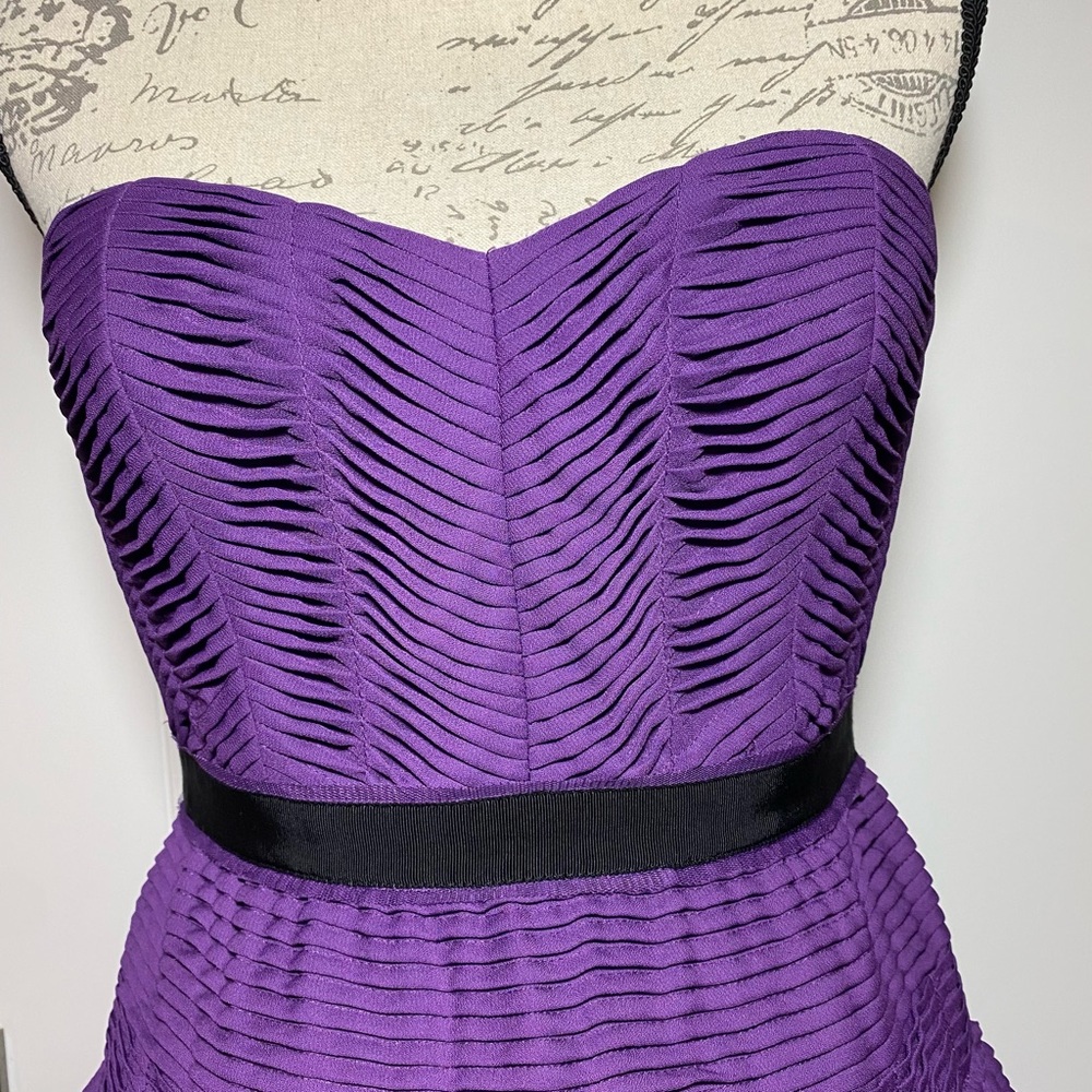 BCBGMaxAzria Strapless Sweetheart Neck FitFlare Tiered Purple Mini Dress Size 0 - Picture 2 of 9